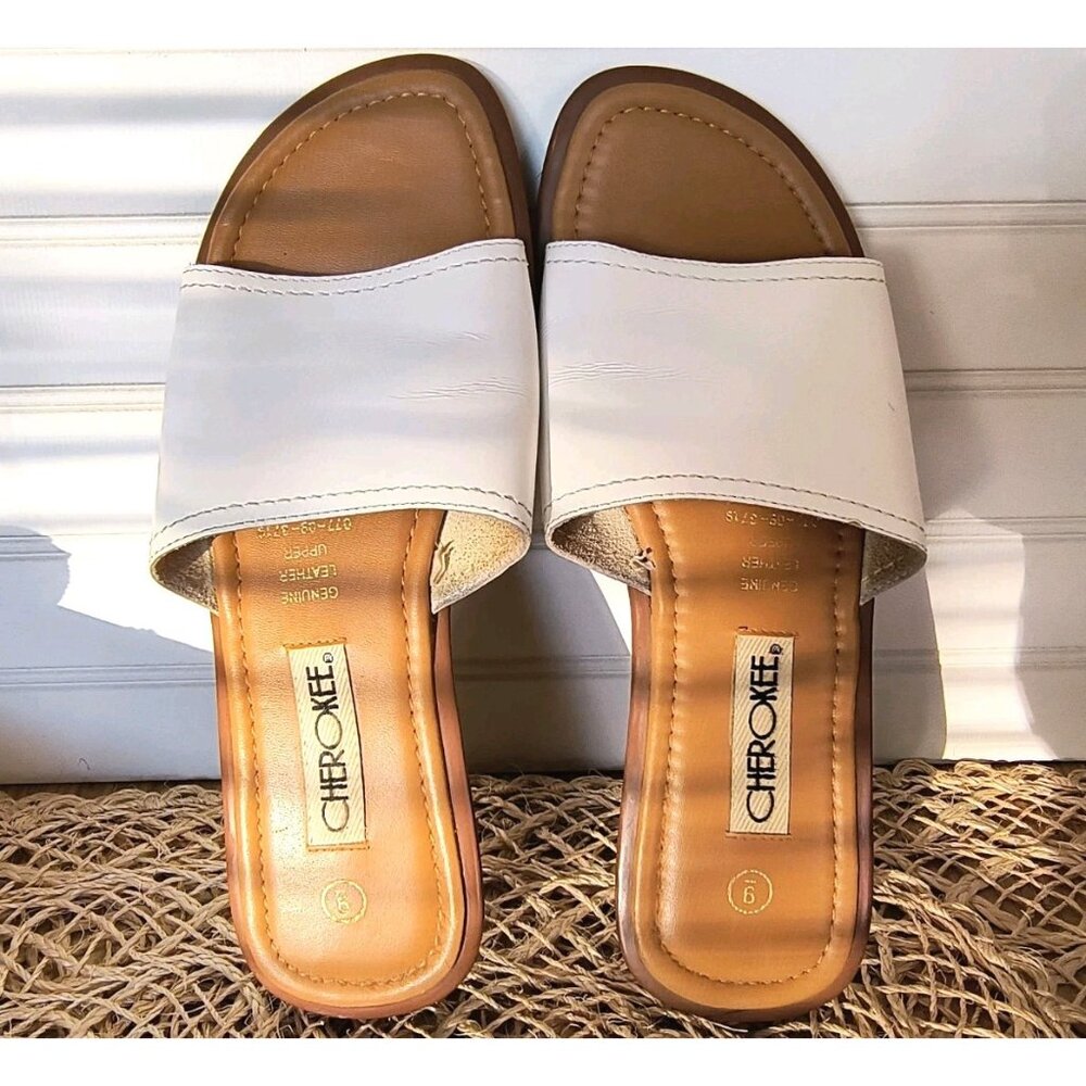 Vintage Cherokee White Leather Slides, Women's Size 9, Made in Brazil, EUC